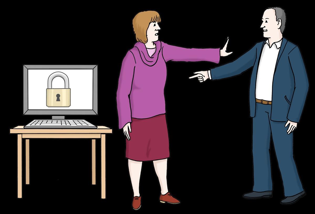 Computer mit Schloss, Frau und Mann daneben, Thema Datenschutz