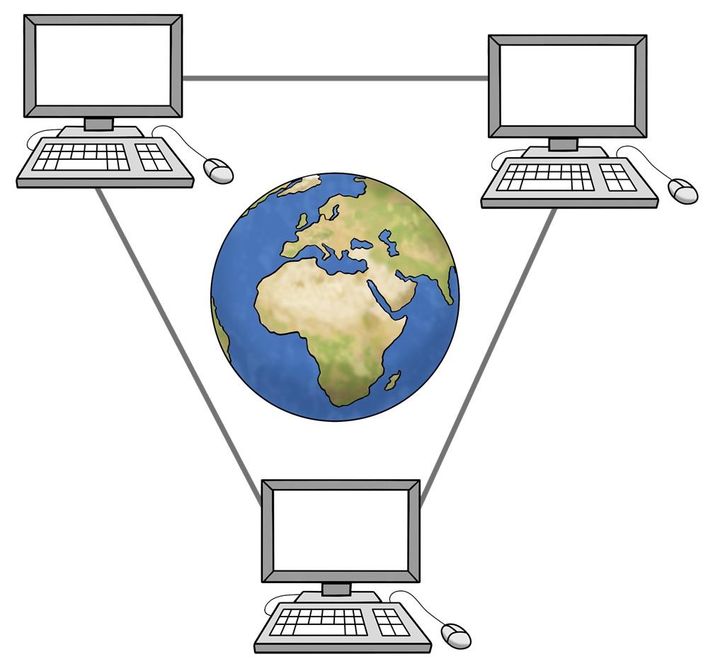 Weltkugel mit 3 Computern drumrum
