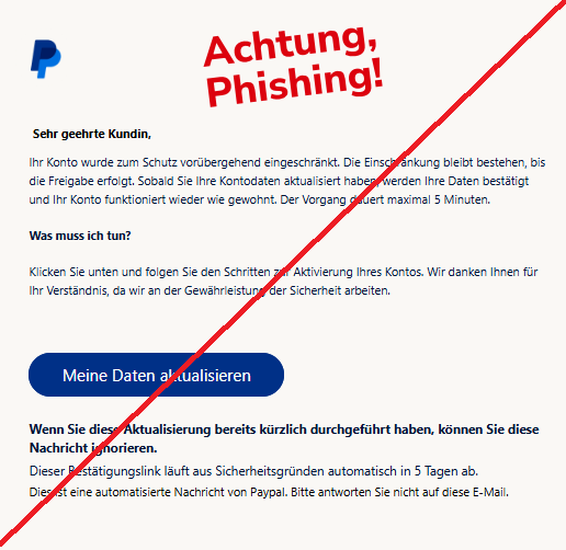 Screenshot einer Mail mit dem Logo von "PayPal" und dem Text:" PayPal      Sehr geehrte Kundin,  Ihr Konto wurde zum Schutz vorübergehend eingeschränkt. Die Einschränkung bleibt bestehen, bis die Freigabe erfolgt. Sobald Sie Ihre Kontodaten aktualisiert haben, werden Ihre Daten bestätigt und Ihr Konto funktioniert wieder wie gewohnt. Der Vorgang dauert maximal 5 Minuten.   Was muss ich tun?  Klicken Sie unten und folgen Sie den Schritten zur Aktivierung Ihres Kontos. Wir danken Ihnen für Ihr Verständnis, da wir an der Gewährleistung der Sicherheit arbeiten.     Meine Daten aktualisieren Wenn Sie diese Aktualisierung bereits kürzlich durchgeführt haben, können Sie diese Nachricht ignorieren.  Dieser Bestätigungslink läuft aus Sicherheitsgründen automatisch in 5 Tagen ab.  Dies ist eine automatisierte Nachricht von РаураІ. Bitte antworten Sie nicht auf diese E-Mail."