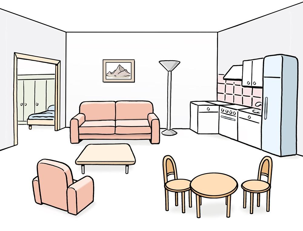 Wohnzimmer mit Küche