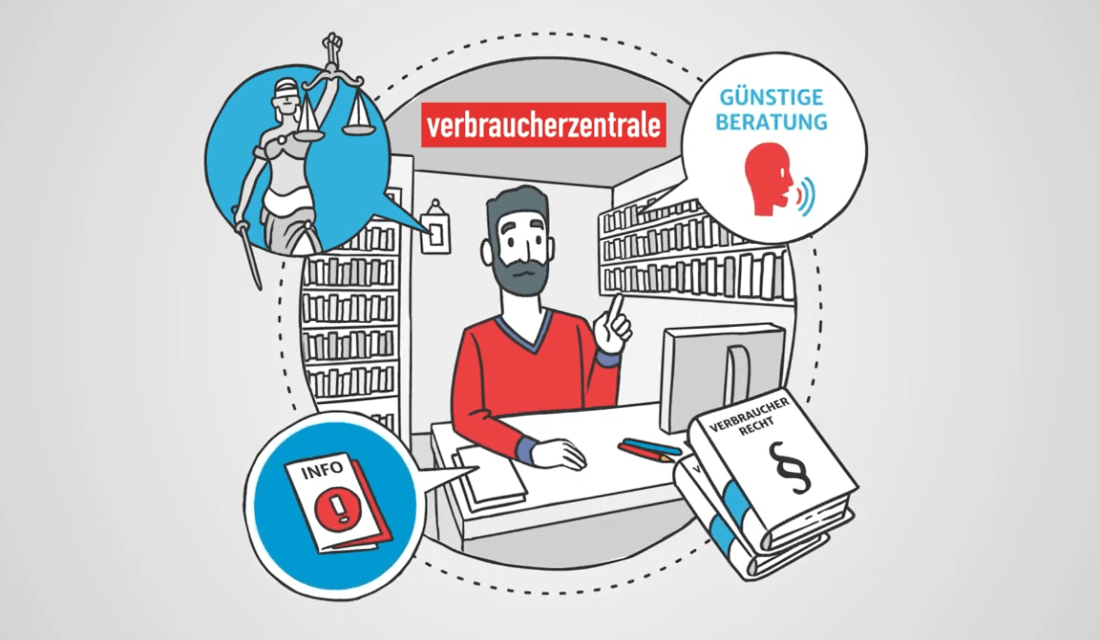 Ein Comic zeigt einen Mann am Schreibtisch zwischen vier Symbolen: Justizia, Info, Günstige Beratung,  und Verbraucherrecht