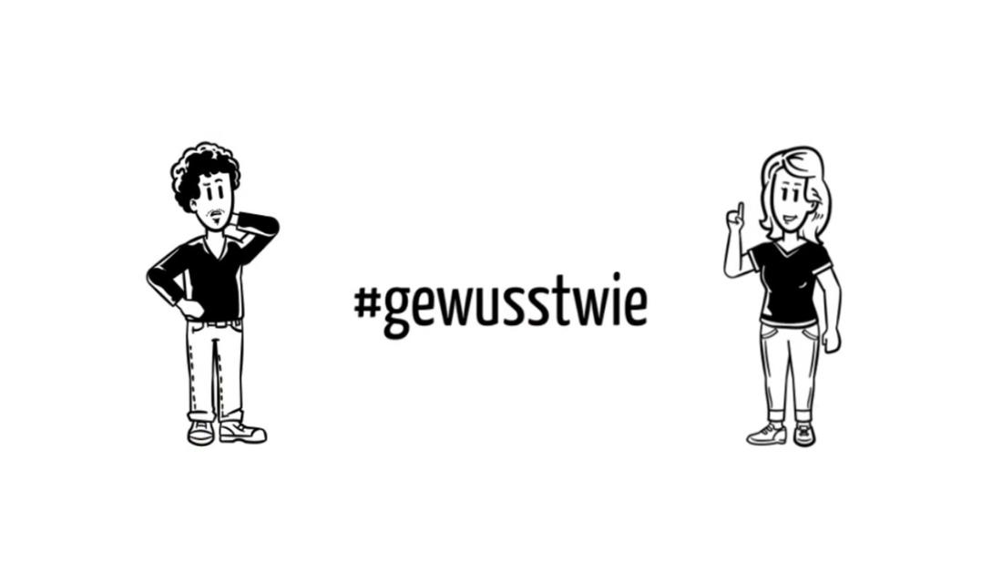 Schriftzug Gewusstwie flankiert von zwei Zeichentrickpersonen