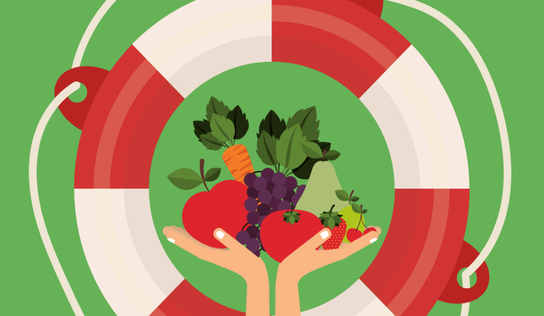 Ein Rettungsring, in dem zwei Hände Obst und Gemüse halten