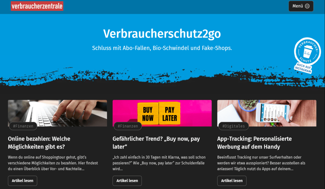 Bild zeigt eine Bildschirmaufnahme der Seite Verbraucherschutz2go.de
