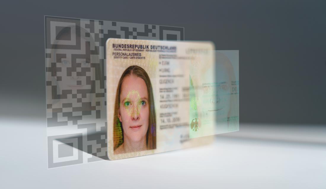 Symbolische Darstellung biometrischer Technologie: Ein digitales Gesichtsscan-Modell in Dreiecks- und Partikeloptik, im Kontext eines modernen deutschen Personalausweises.