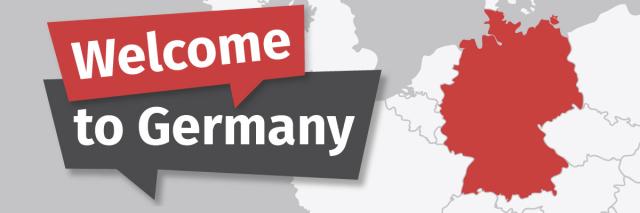 Schriftzug Welcome to Germany vor einer Karte von Europa, in der Deutschland hervorgehoben ist