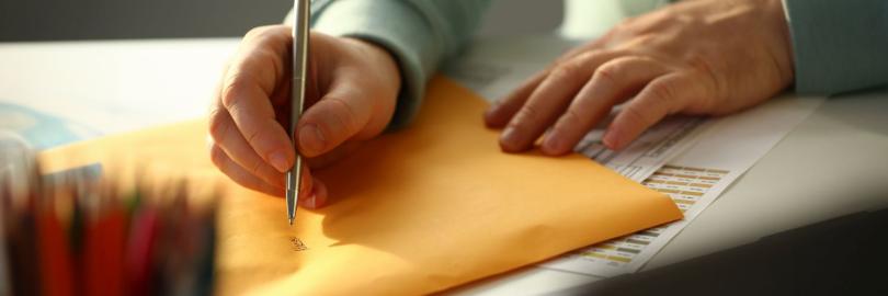 Briefe beschriften: Jemand schreibt eine Adresse auf einen gelben Briefumschlag