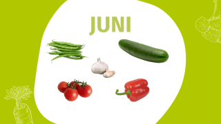 Schrift "Juni" und Fotos einiger Gemüsesorten