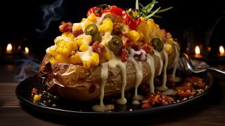 Eine Ofenkartoffel mit Mais, Oliven, Paprika, Speck und Käse liegt auf einem schwarzen Teller.