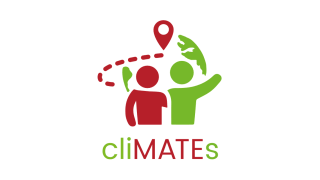 Illustration zweier Personen in grün und rot unter Markierungspunkt als Logo der App "cliMATEs"