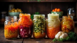 Gläser mit verschiedenem fermentiertem Gemüse stehen auf dem Tisch.