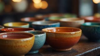 Verschiedene Keramikschalen mit bunten Glasuren.