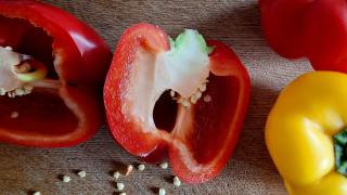 Eine rote Paprika liegt halbiert auf dem Tisch, vor ihr liegen Paprikakerne. Daneben befinden sich je eine ganze rote und eine ganze gelbe Paprika.